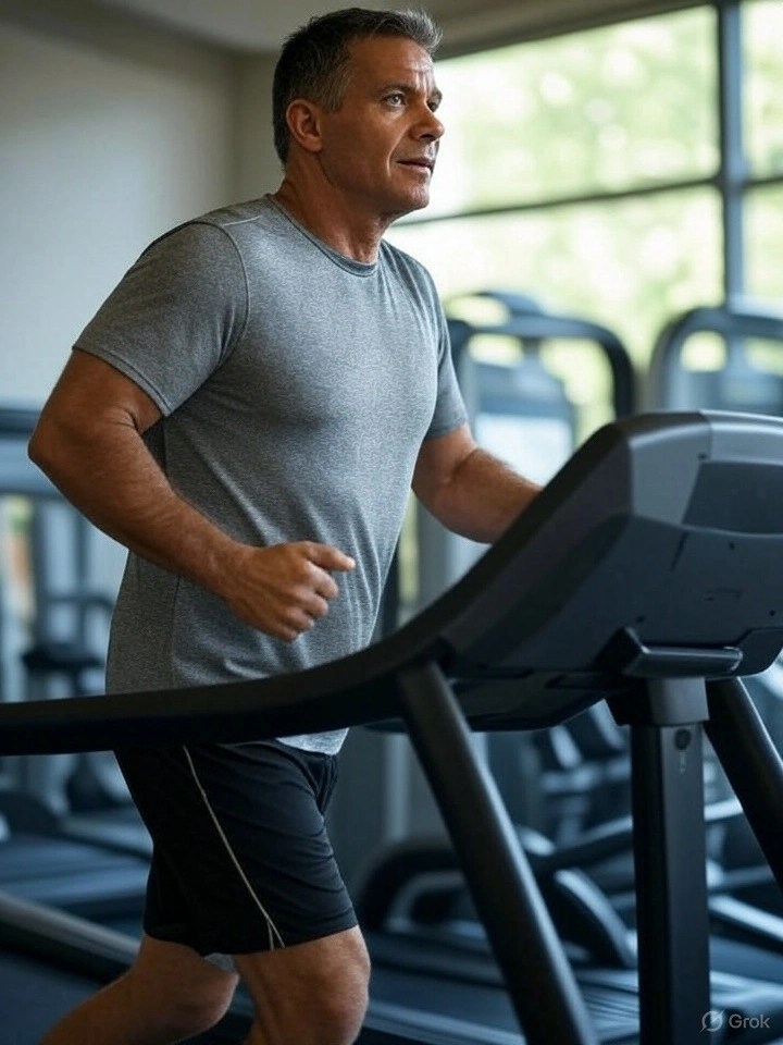 over forties fit men running on a tread mill